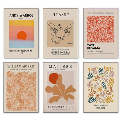 XINTANG 6 Piece Famous Art Canvas Posters Picasso Dove Henri Matisse William Morris Flower Market Andy Warhol Sunset Gallery Wall Mid Century Abstract Minimalist Room Aesthetic Decor Prints Painting