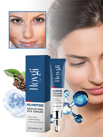 De-puffing eye serum cream: blue tube and box with silver roller applicator