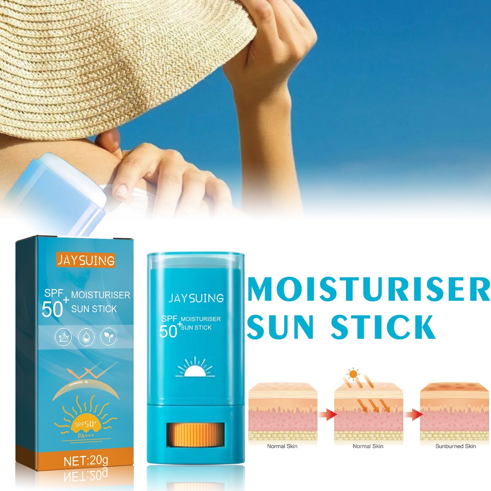 Moisturizing sunscreen stick by JAYSUING: blue cylindrical applicator and box, SPF 50