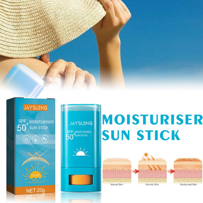 Moisturizing sunscreen stick by JAYSUING: blue cylindrical applicator and box, SPF 50