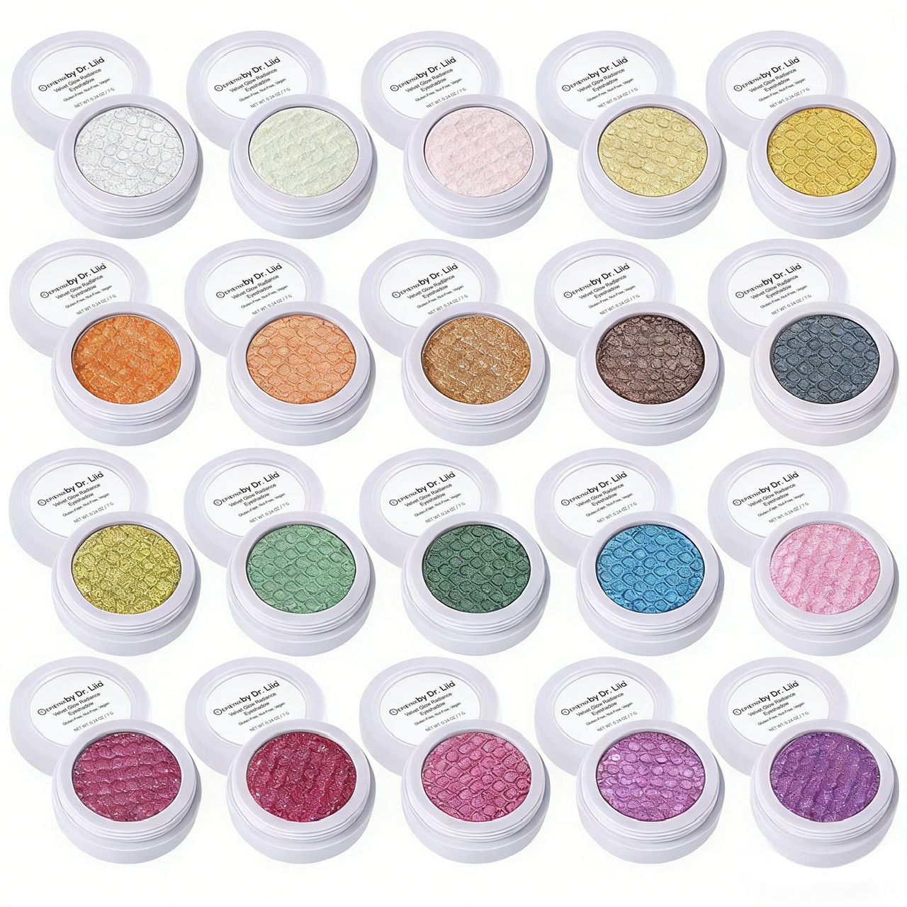 Assorted shimmer eyeshadow pans set in round white containers