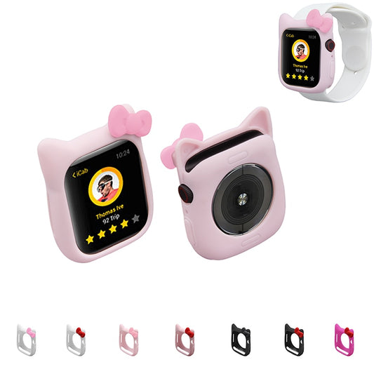 Cat watch cover case for Apple Watch, pink silicone with bow and protective bezel