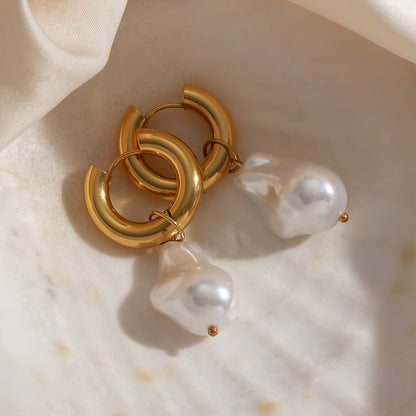 Gold-tone hoop earrings with white water-drop synthetic pearl drops