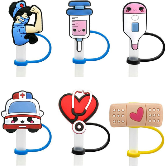 6pcs Reusable Nurse Theme Straw Covers - Dust-Proof Silicone Tips for 7-8 mm Straws - Easy to Clean and Convenient - Renee Lane Company