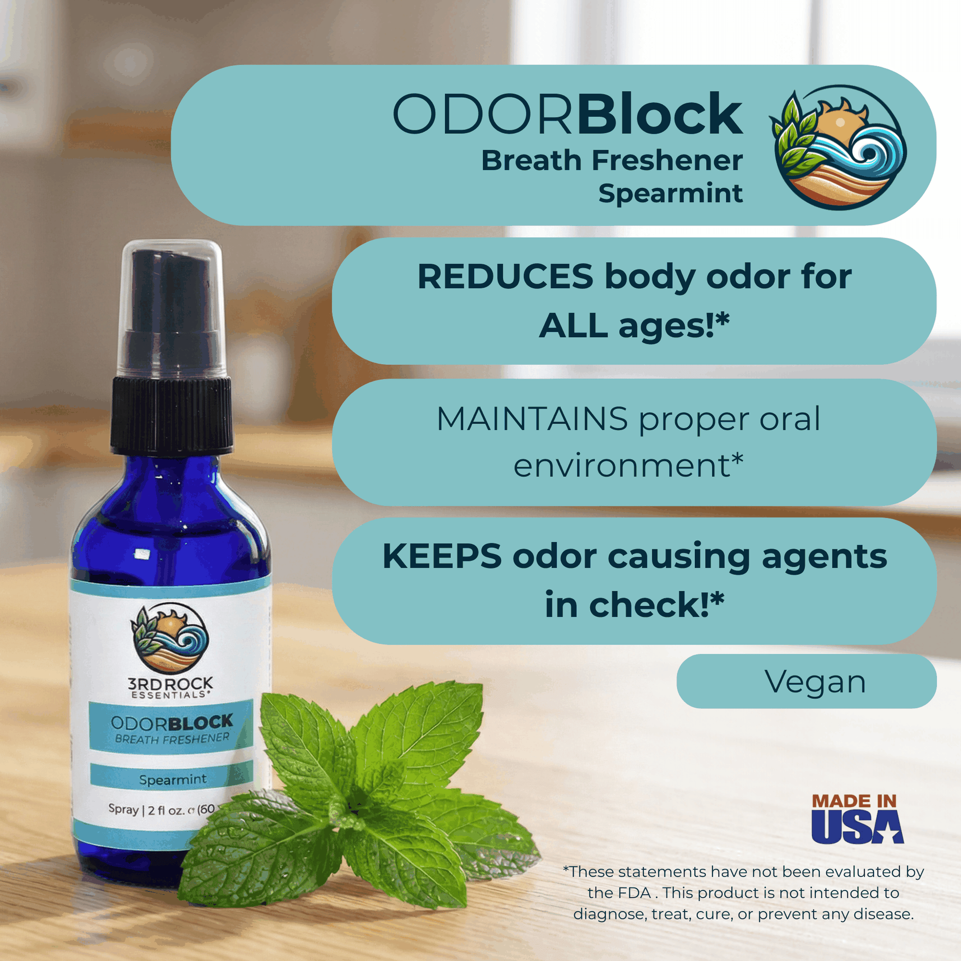 Breath freshener spray bottle with vegan and odor-control claim graphic