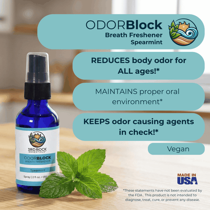 Breath freshener spray bottle with vegan and odor-control claim graphic