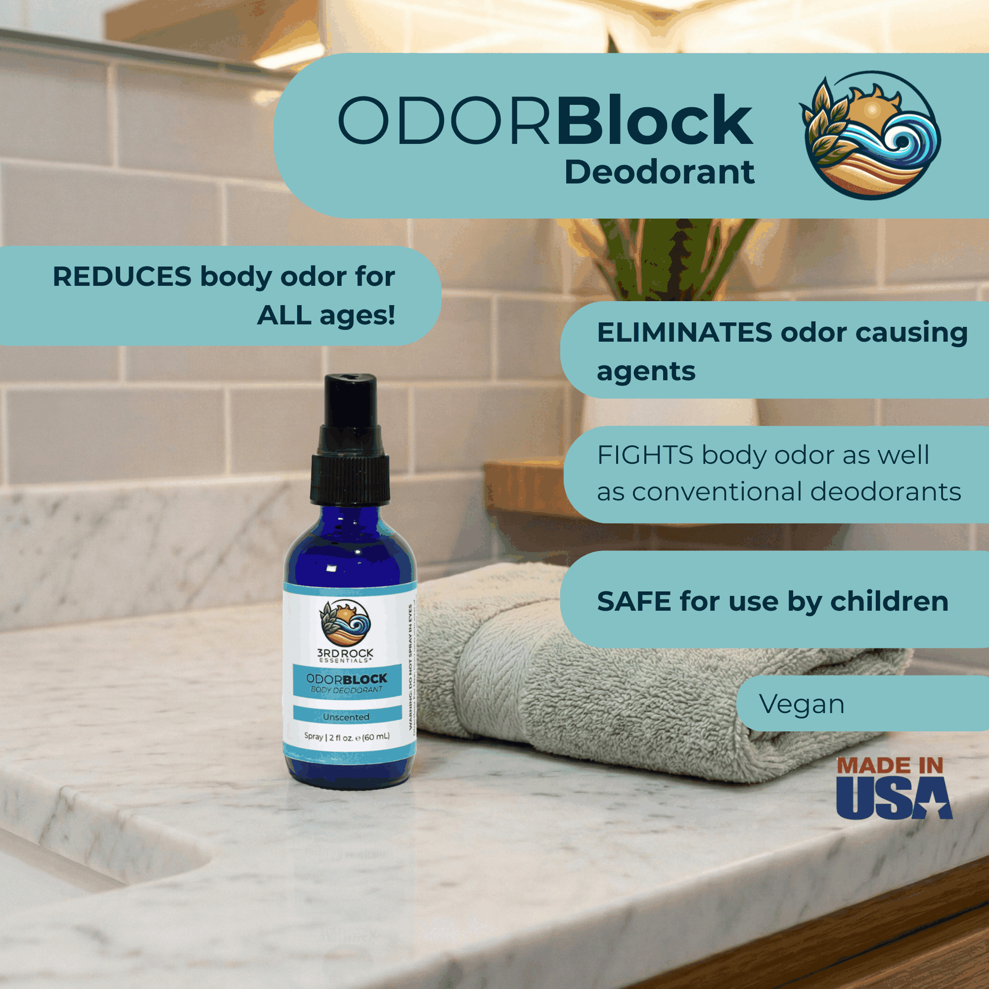 Body deodorant bottle with label callouts for odor elimination and safe use for children.