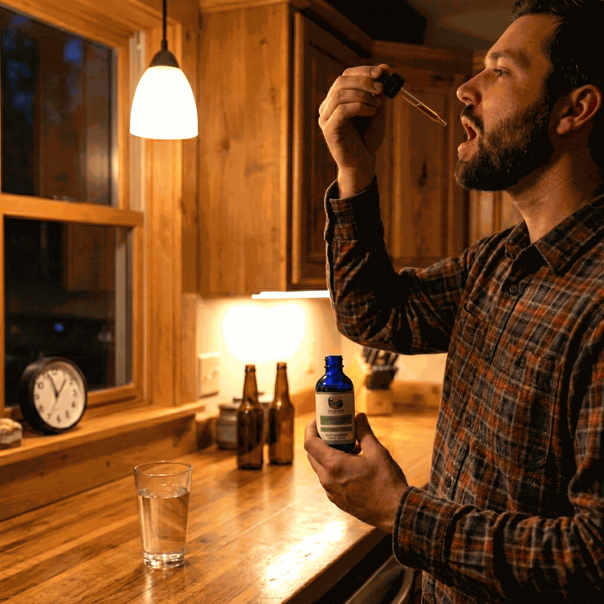 Liver Guard supplement bottle held upright with dropper, dark blue glass and green label