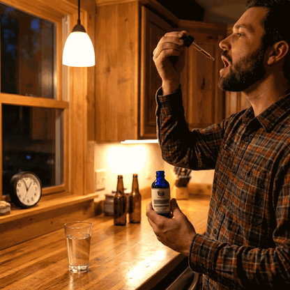 Liver Guard supplement bottle held upright with dropper, dark blue glass and green label