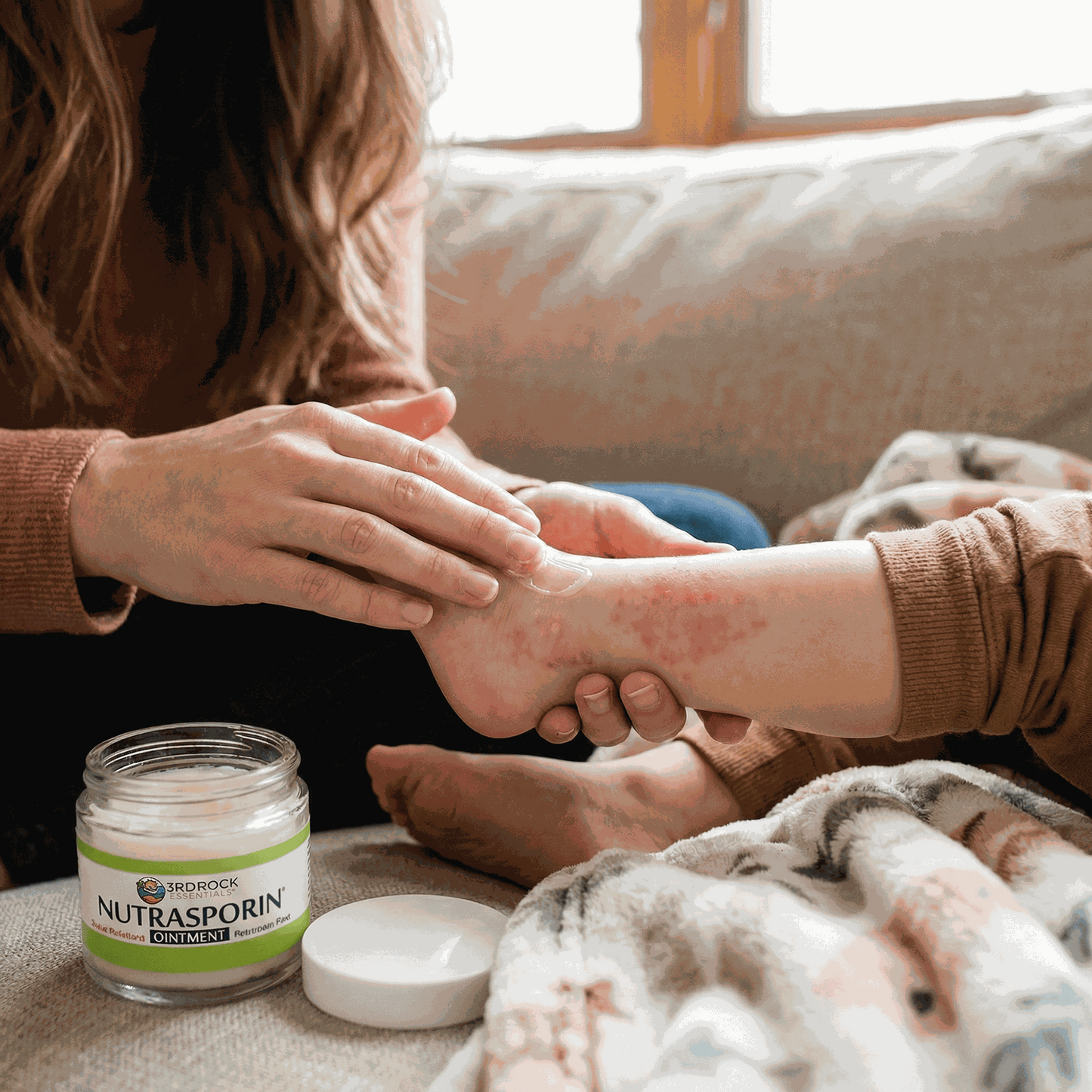 Nutrasporin ointment jar beside cap while hands apply ointment to a pet
