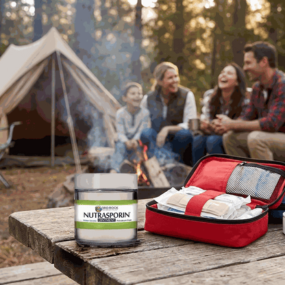 Nutrasporin ointment jar on picnic table beside open red cooler and supplies