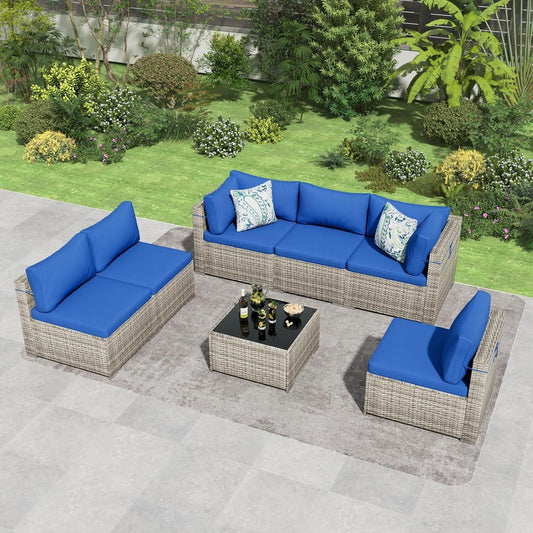 7 Pieces Outdoor Patio Furniture Set, Wicker Patio Conversation Sectional Sofa Set, All Weather PE Rattan Sofa with Glass Table and Cushions - Renee Lane Company