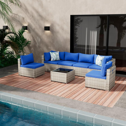 7 Pieces Outdoor Patio Furniture Set, Wicker Patio Conversation Sectional Sofa Set, All Weather PE Rattan Sofa with Glass Table and Cushions - Renee Lane Company