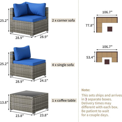 7 Pieces Outdoor Patio Furniture Set, Wicker Patio Conversation Sectional Sofa Set, All Weather PE Rattan Sofa with Glass Table and Cushions - Renee Lane Company