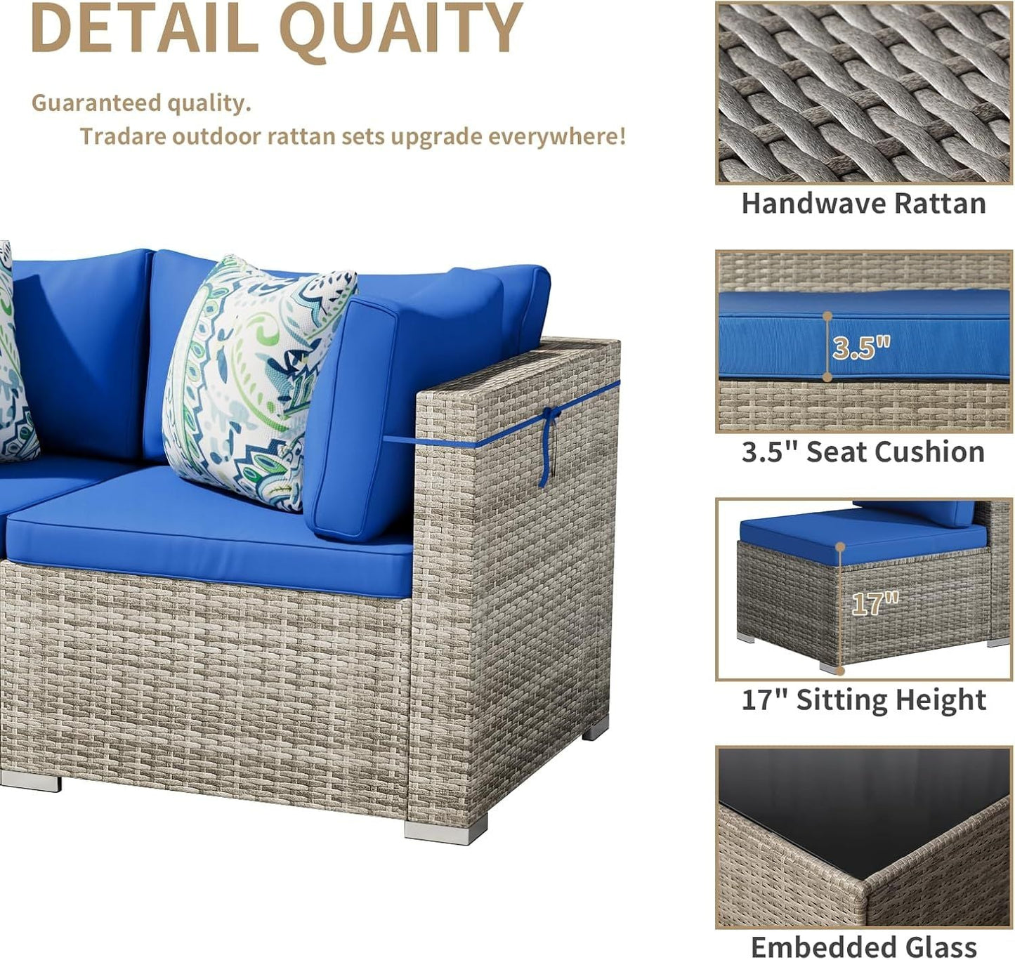 7 Pieces Outdoor Patio Furniture Set, Wicker Patio Conversation Sectional Sofa Set, All Weather PE Rattan Sofa with Glass Table and Cushions - Renee Lane Company