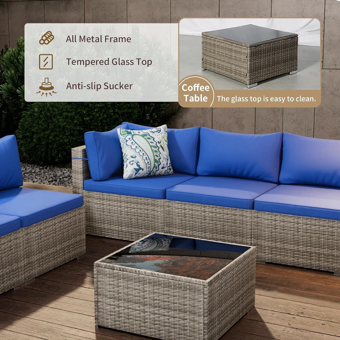 7 Pieces Outdoor Patio Furniture Set, Wicker Patio Conversation Sectional Sofa Set, All Weather PE Rattan Sofa with Glass Table and Cushions - Renee Lane Company