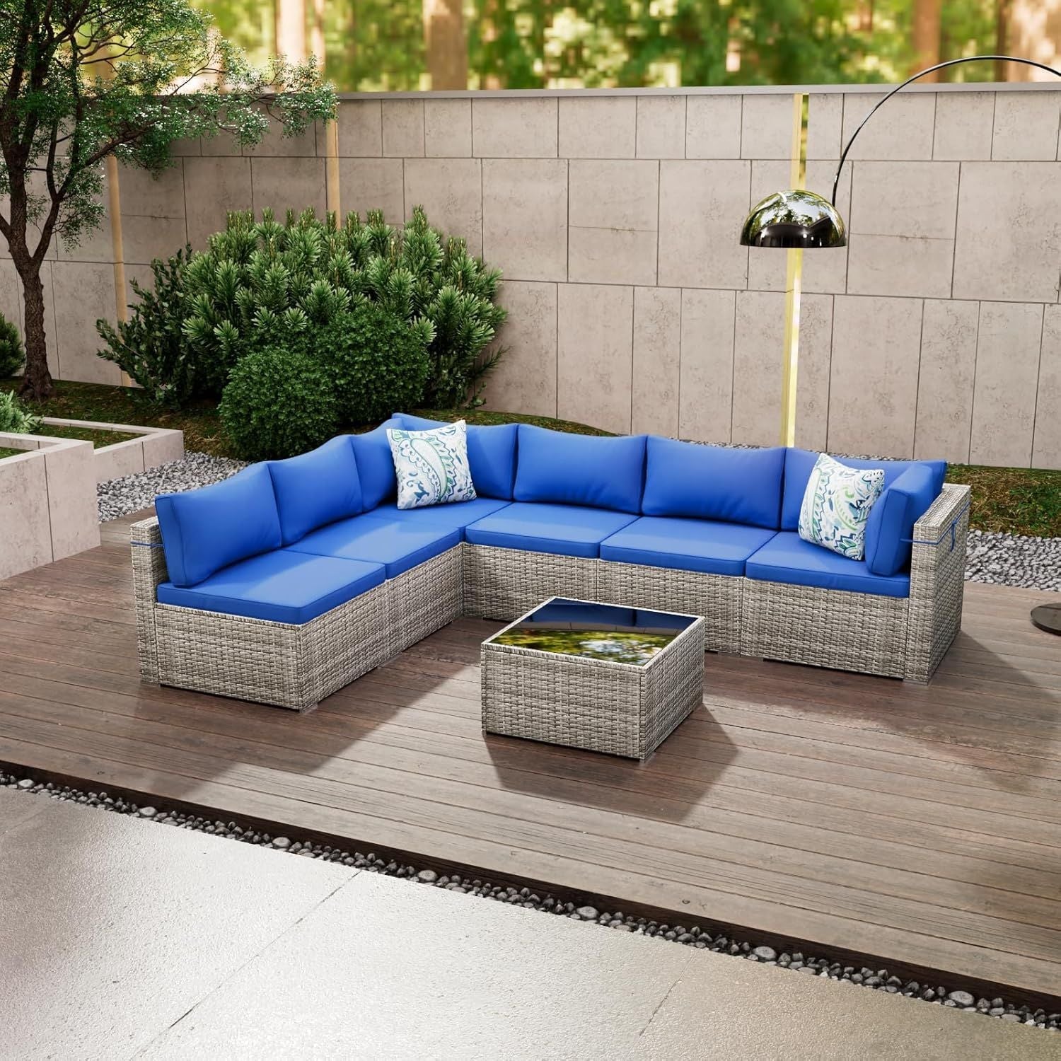 7 Pieces Outdoor Patio Furniture Set, Wicker Patio Conversation Sectional Sofa Set, All Weather PE Rattan Sofa with Glass Table and Cushions - Renee Lane Company