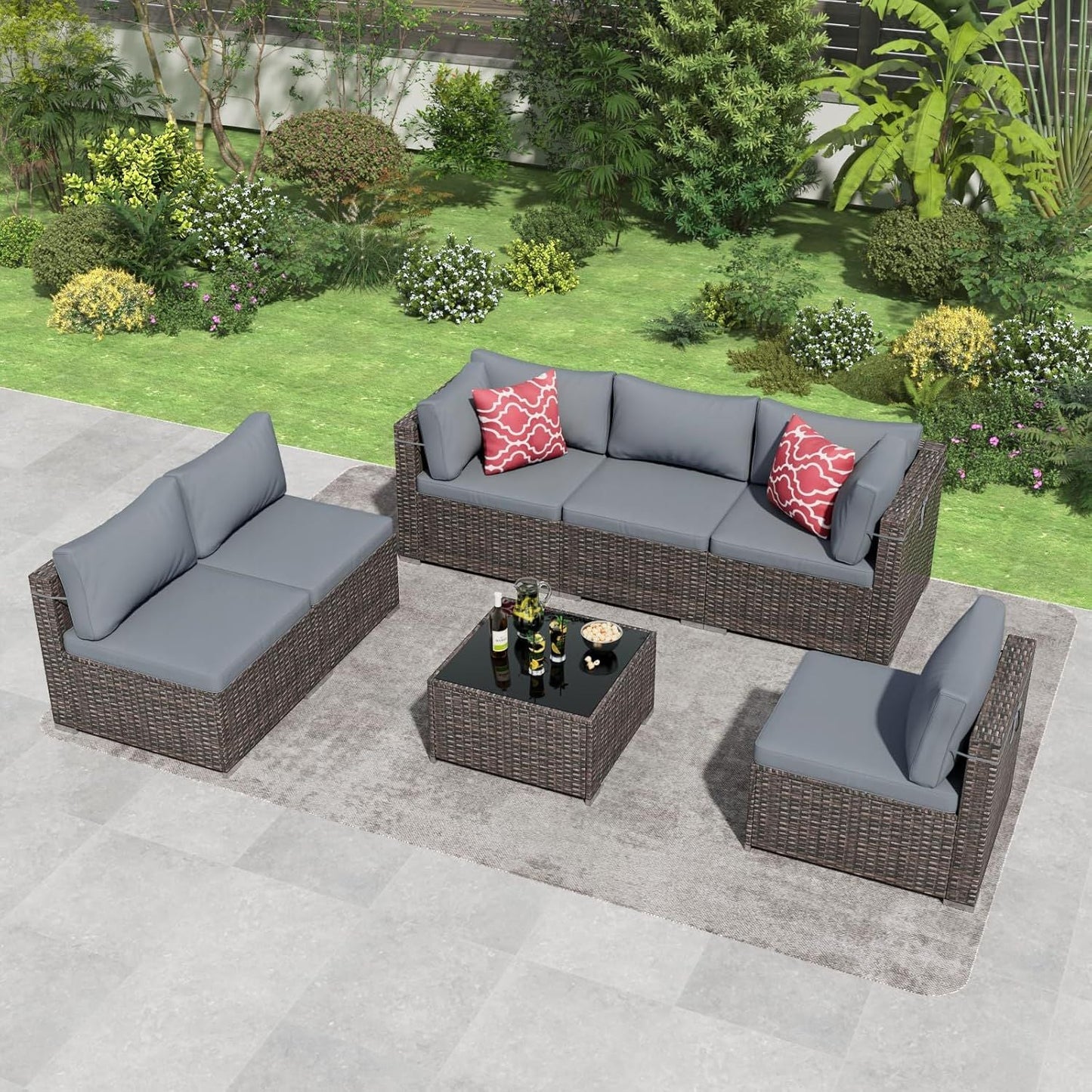 7 Pieces Outdoor Patio Furniture Set, Wicker Patio Conversation Sectional Sofa Set, All Weather PE Rattan Sofa with Glass Table and Cushions - Renee Lane Company