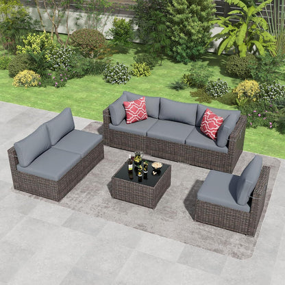 7 Pieces Outdoor Patio Furniture Set, Wicker Patio Conversation Sectional Sofa Set, All Weather PE Rattan Sofa with Glass Table and Cushions - Renee Lane Company