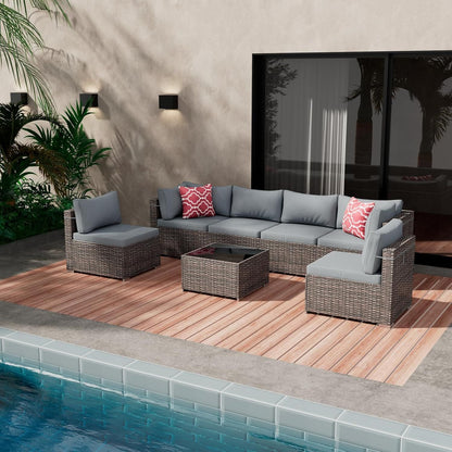 7 Pieces Outdoor Patio Furniture Set, Wicker Patio Conversation Sectional Sofa Set, All Weather PE Rattan Sofa with Glass Table and Cushions - Renee Lane Company