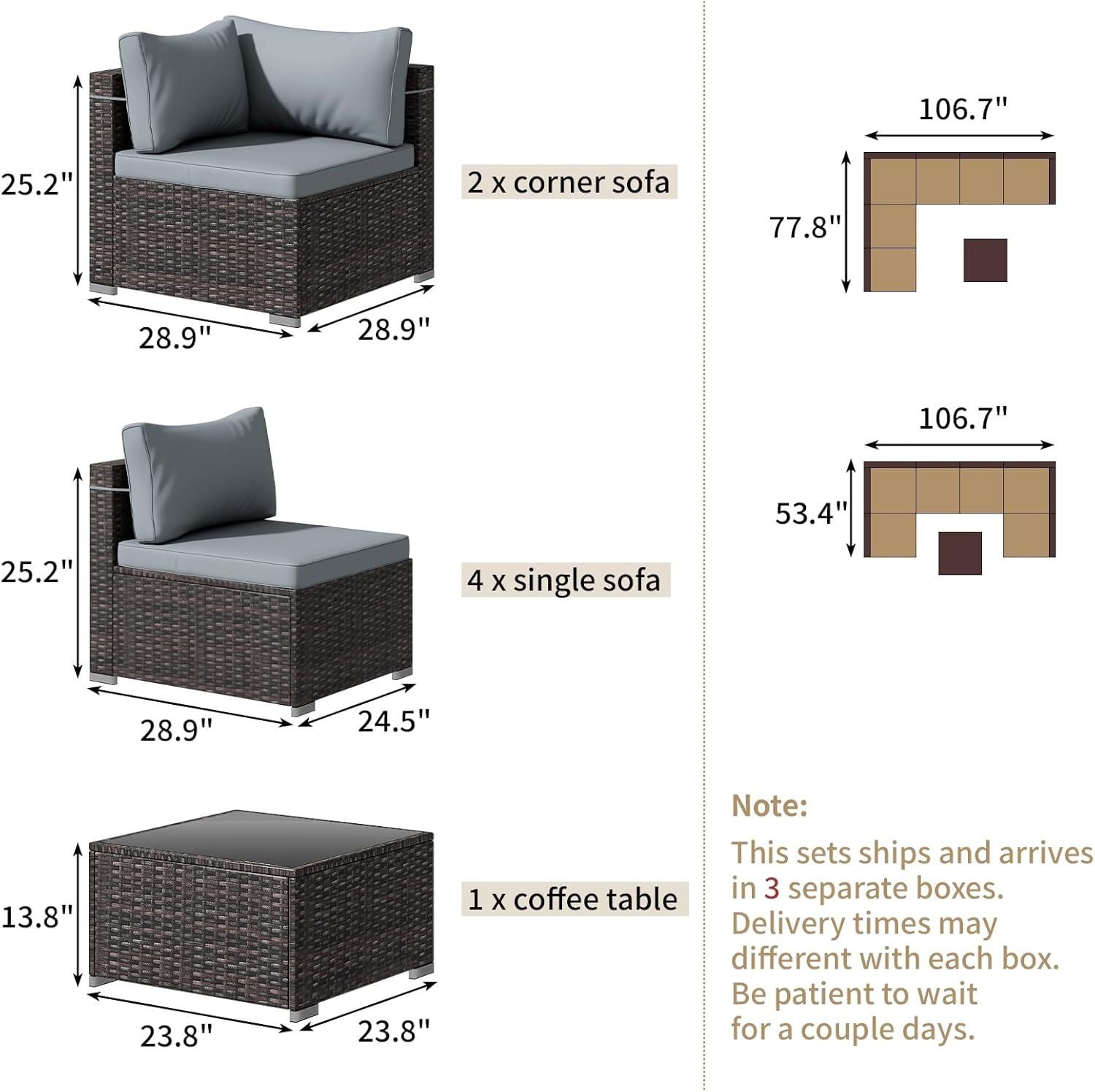 7 Pieces Outdoor Patio Furniture Set, Wicker Patio Conversation Sectional Sofa Set, All Weather PE Rattan Sofa with Glass Table and Cushions - Renee Lane Company
