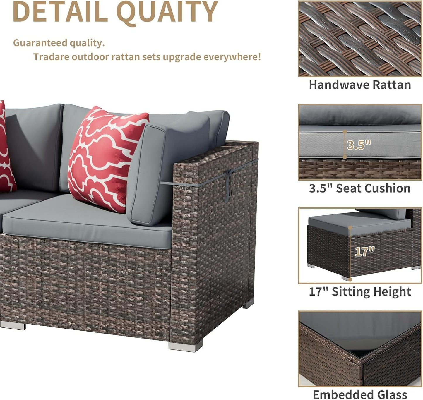 7 Pieces Outdoor Patio Furniture Set, Wicker Patio Conversation Sectional Sofa Set, All Weather PE Rattan Sofa with Glass Table and Cushions - Renee Lane Company