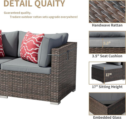 7 Pieces Outdoor Patio Furniture Set, Wicker Patio Conversation Sectional Sofa Set, All Weather PE Rattan Sofa with Glass Table and Cushions - Renee Lane Company