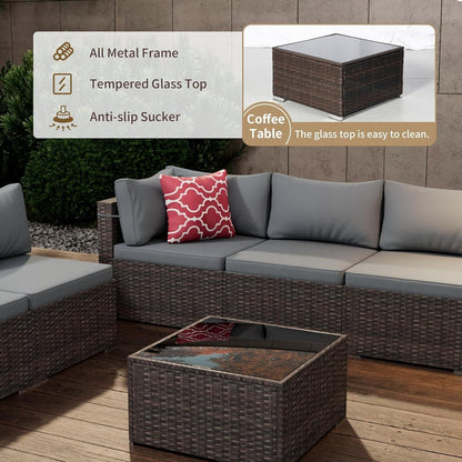 7 Pieces Outdoor Patio Furniture Set, Wicker Patio Conversation Sectional Sofa Set, All Weather PE Rattan Sofa with Glass Table and Cushions - Renee Lane Company