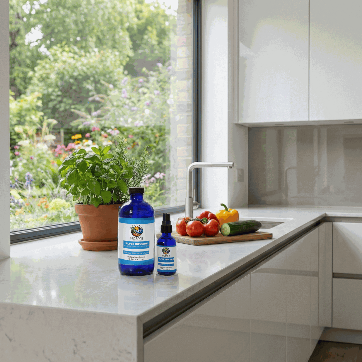 Silver infusion supplement bottles on countertop near a window