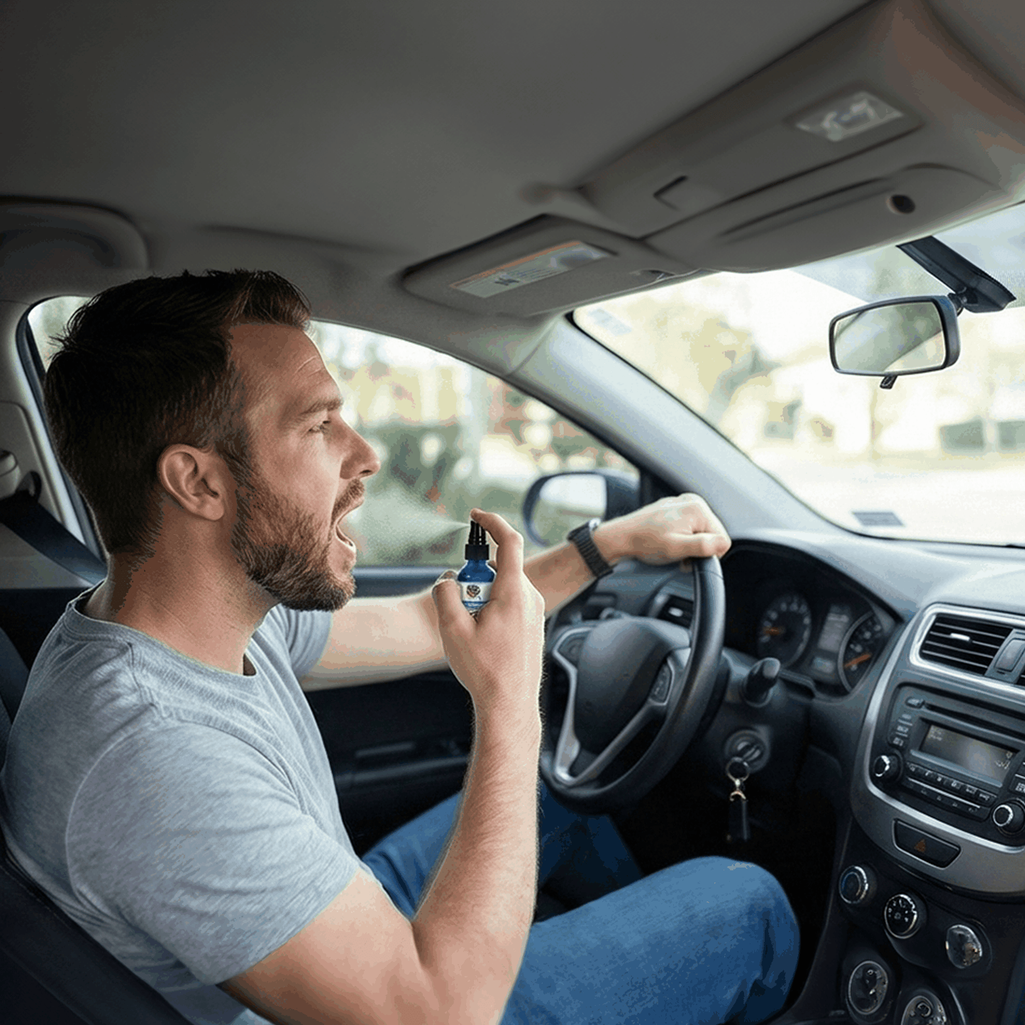 Silver infusion spray bottle in hand, mist nozzle pointed upward inside a car.