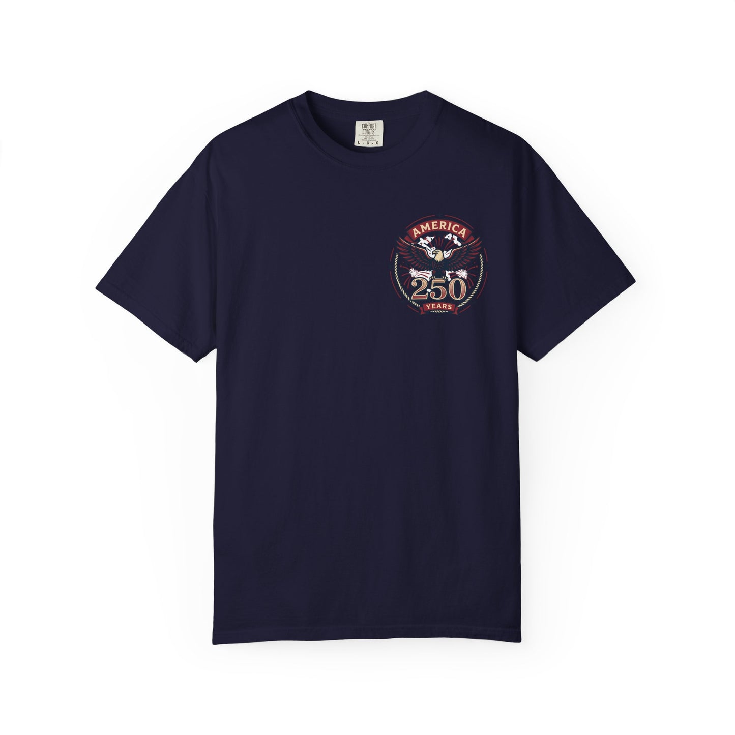 Navy T-shirt with round eagle 250 emblem graphic on the chest