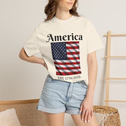 White T-shirt with America script over flag and 'EST 1776-2026' text