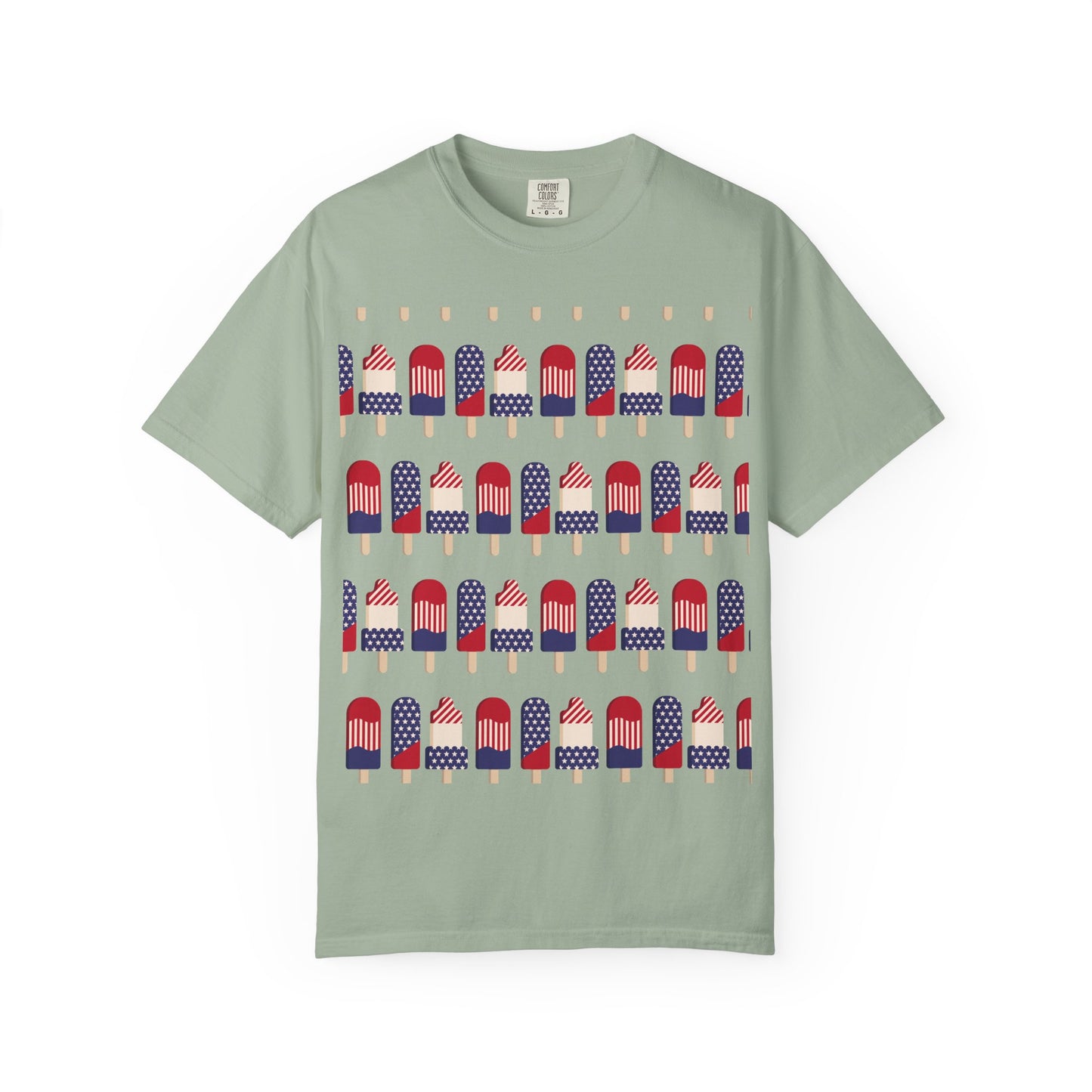 Sage green T-shirt with popsicle-themed American flag graphic across the chest