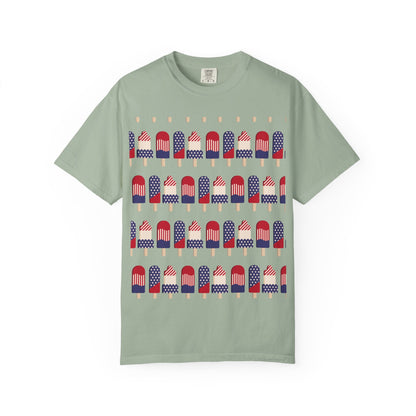 Sage green T-shirt with popsicle-themed American flag graphic across the chest