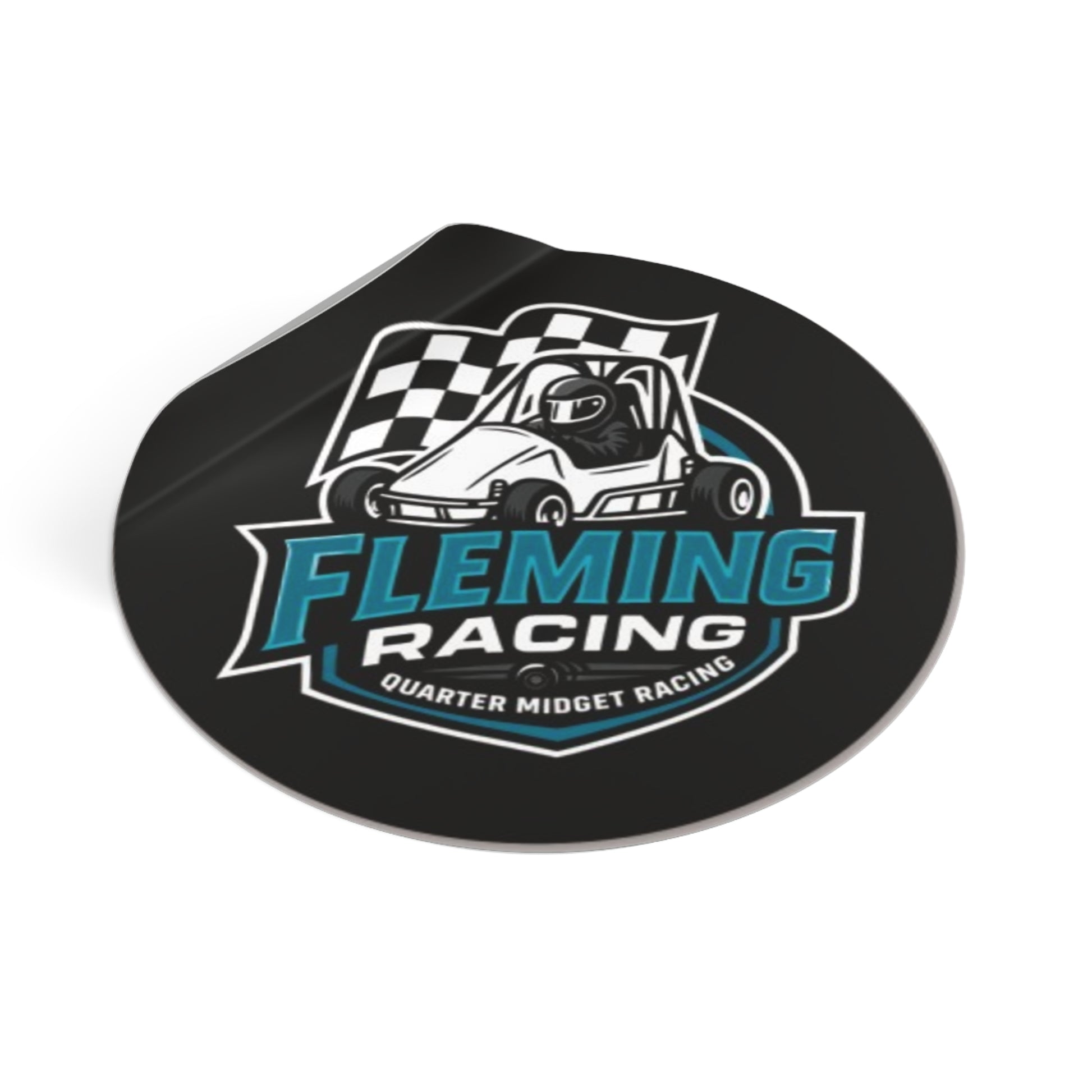 Round black Fleming Racing vinyl sticker with quarter midget car logo and blue Fleming