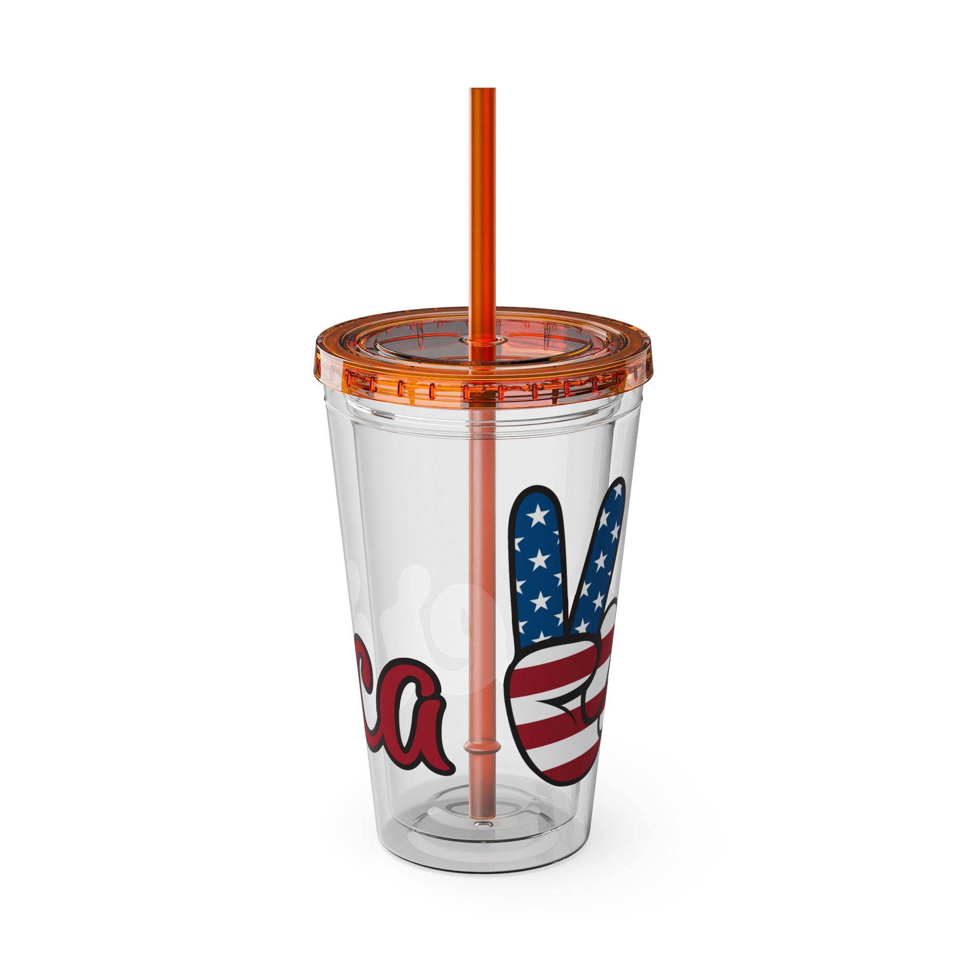 Clear 16oz tumbler with orange straw and blue/red peace sign graphic