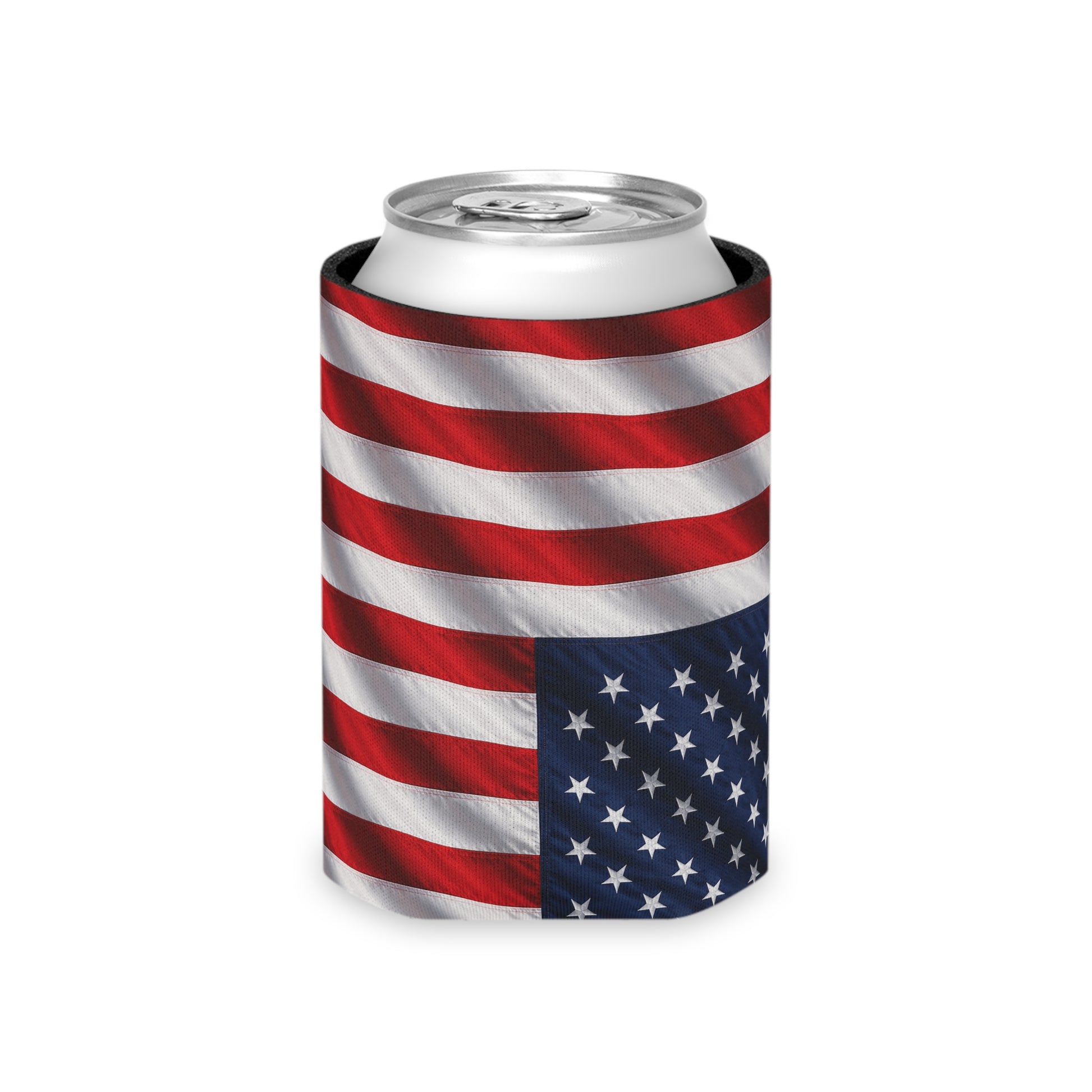 American flag can cooler sleeve on beverage can with red-white stripes and stars