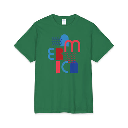 Green graphic T-shirt with abstract block letter design in red and blue