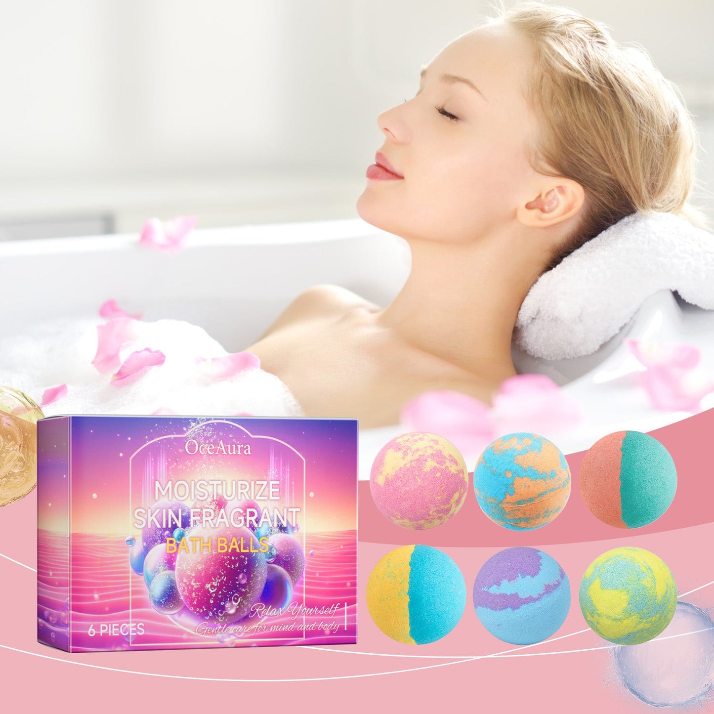 Bubble bath balls set with 6 colorful bath spheres beside boxed packaging