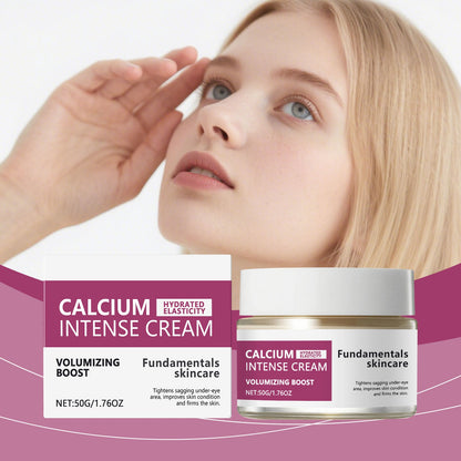 Moisturizing cream jar with gold lid and matching box held near a woman’s face.