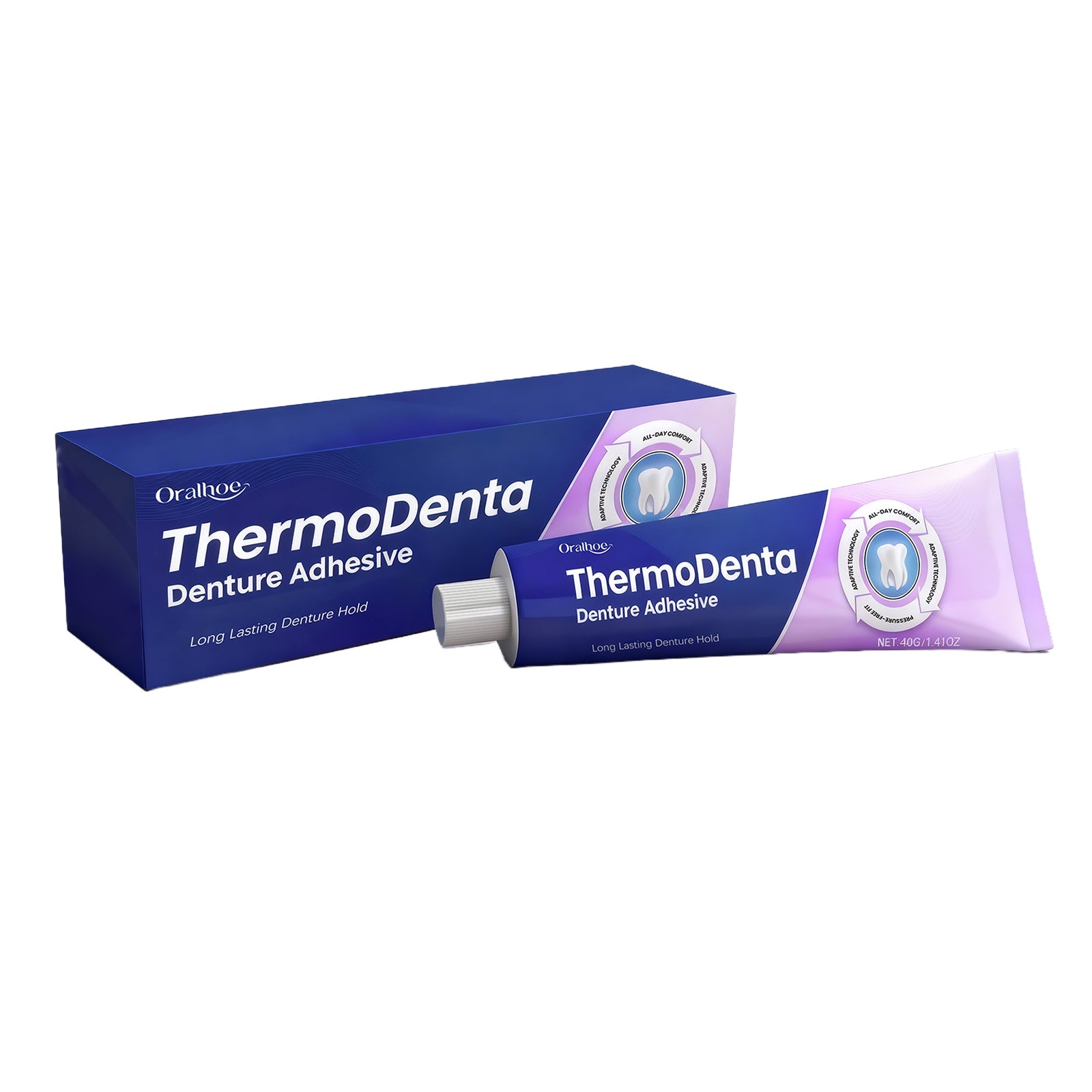 ThermoDenta denture adhesive box with attached tube, purple and blue packaging