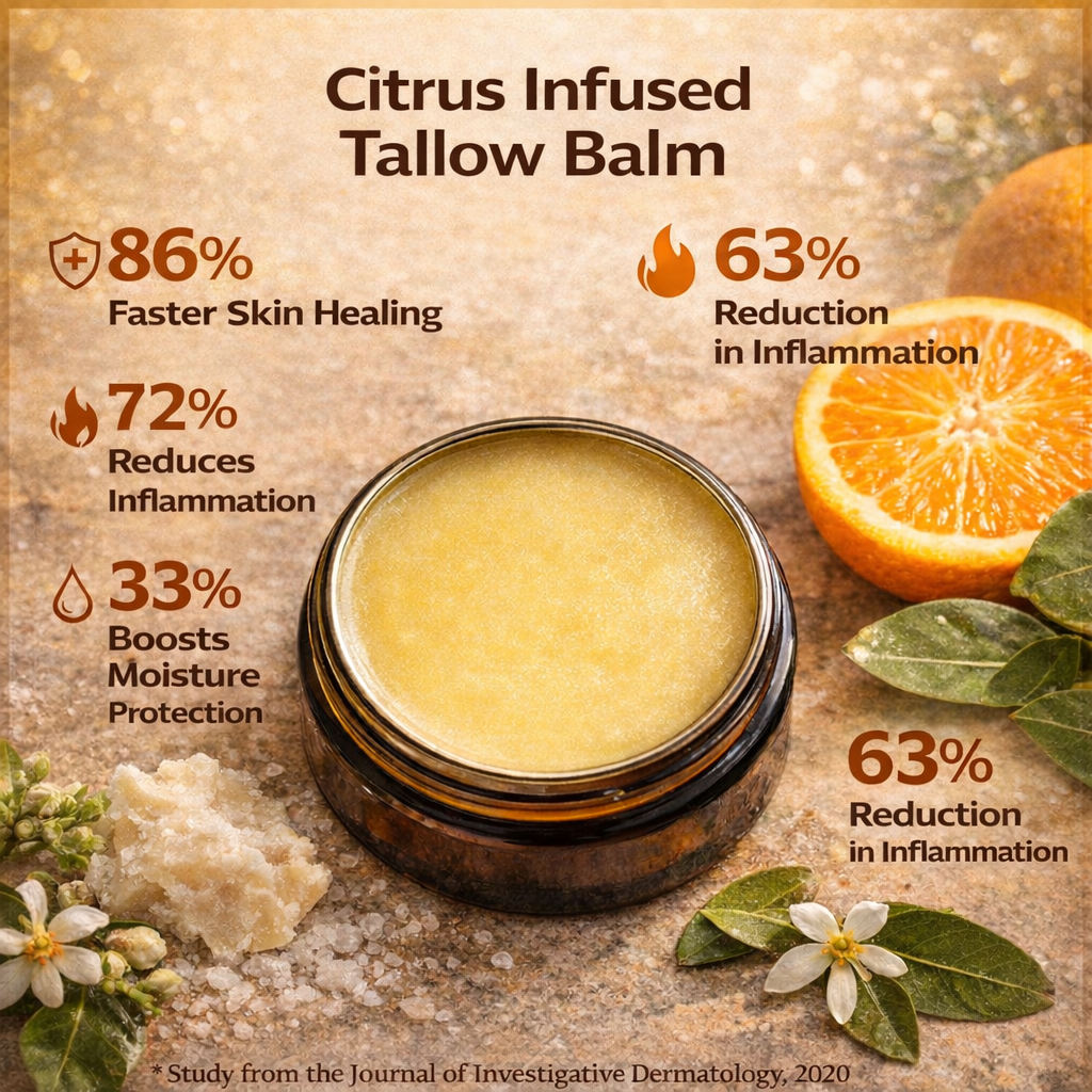 Tallow citrus balm jar with gold lid and cream balm top, citrus fruits around it