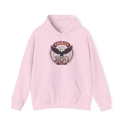 Light pink pullover hoodie with eagle “250 years” graphic on the chest