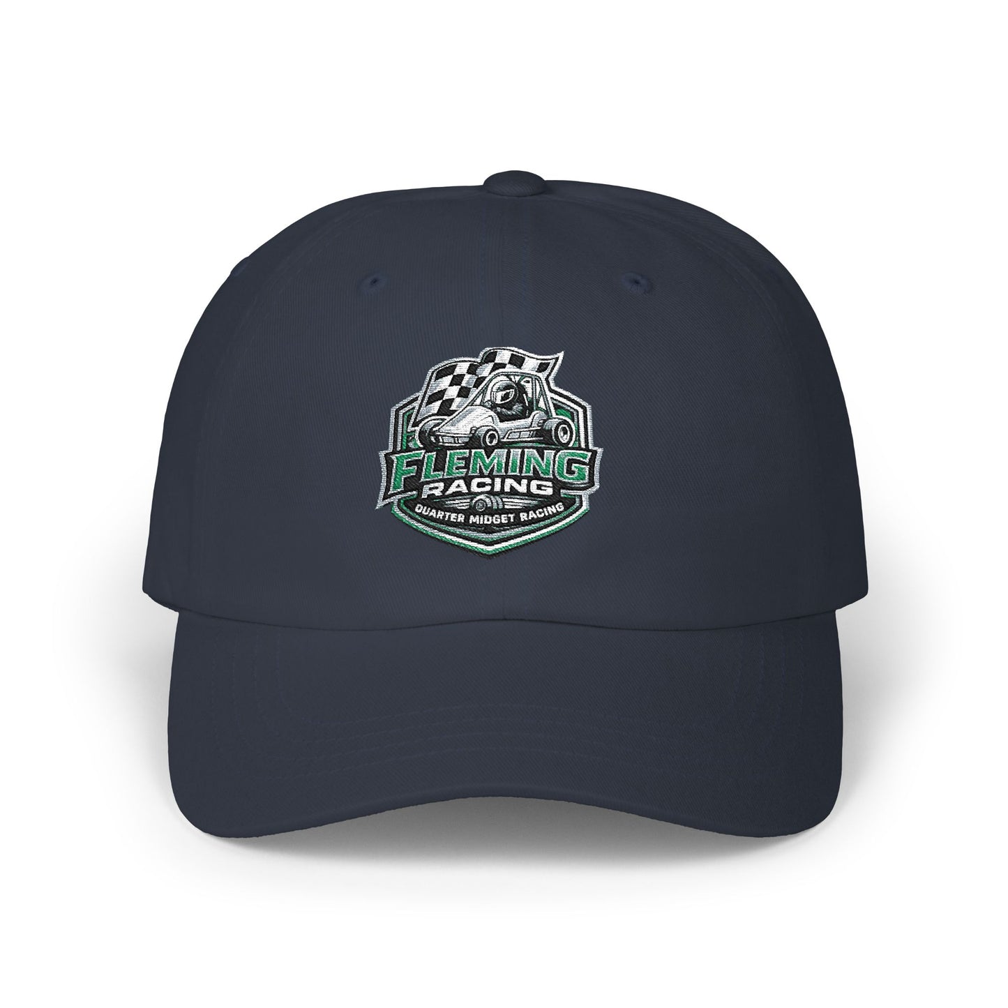 Navy soccer crest dad cap with Fleming Racing logo on front