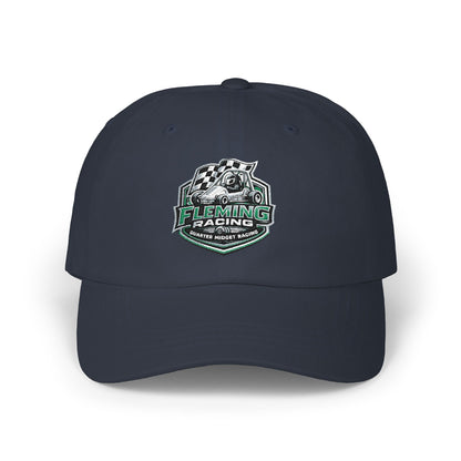 Navy soccer crest dad cap with Fleming Racing logo on front