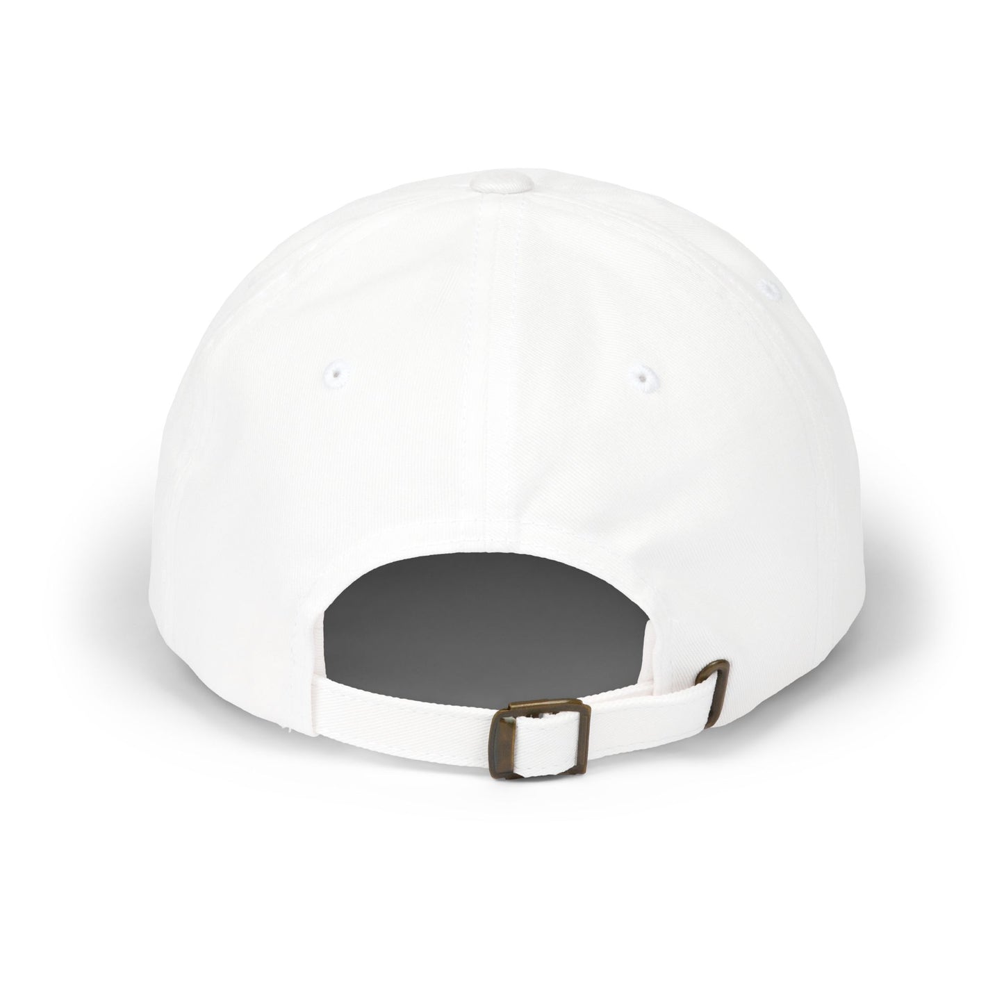 White dad cap with adjustable back strap and curved brim
