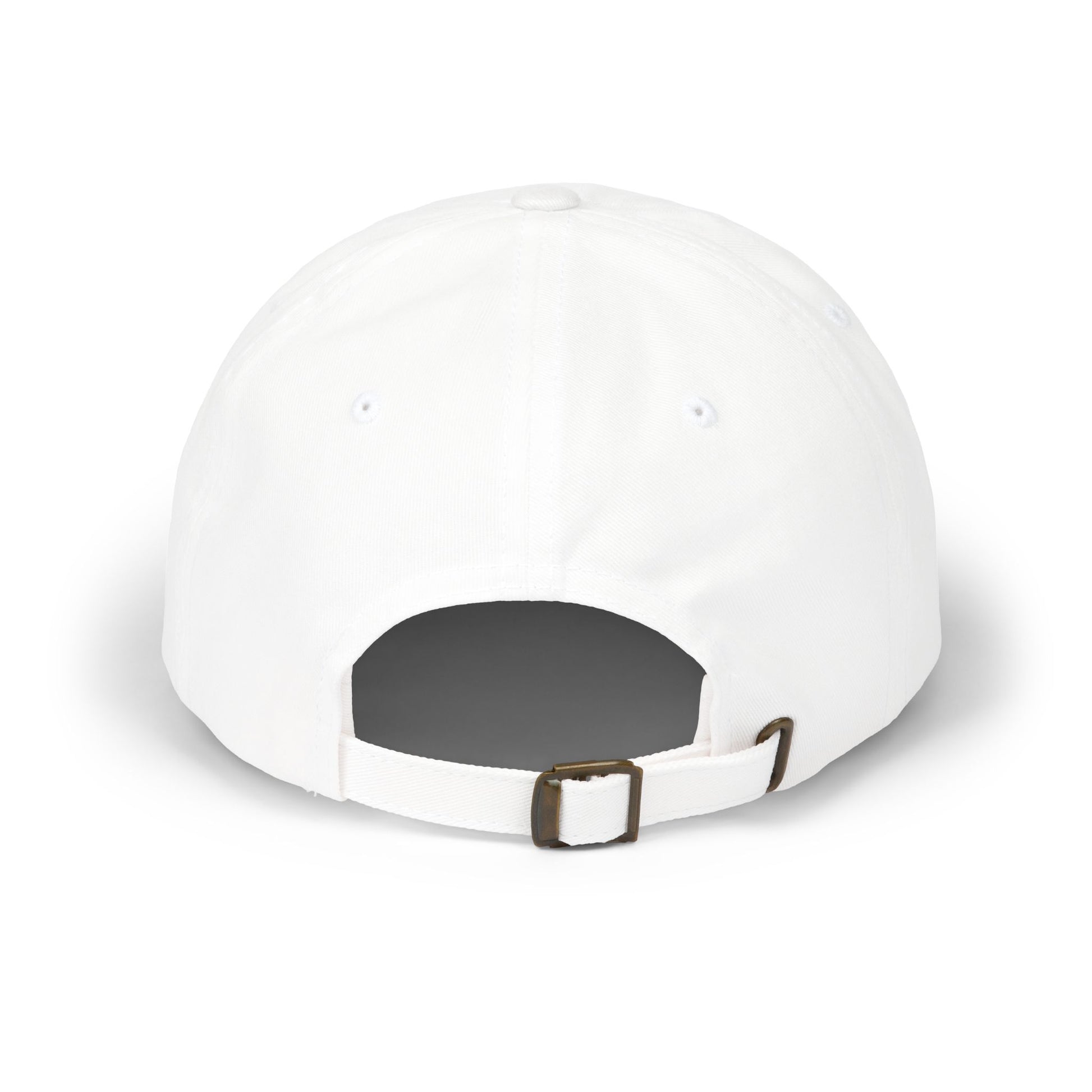 White dad cap with adjustable back strap and curved brim