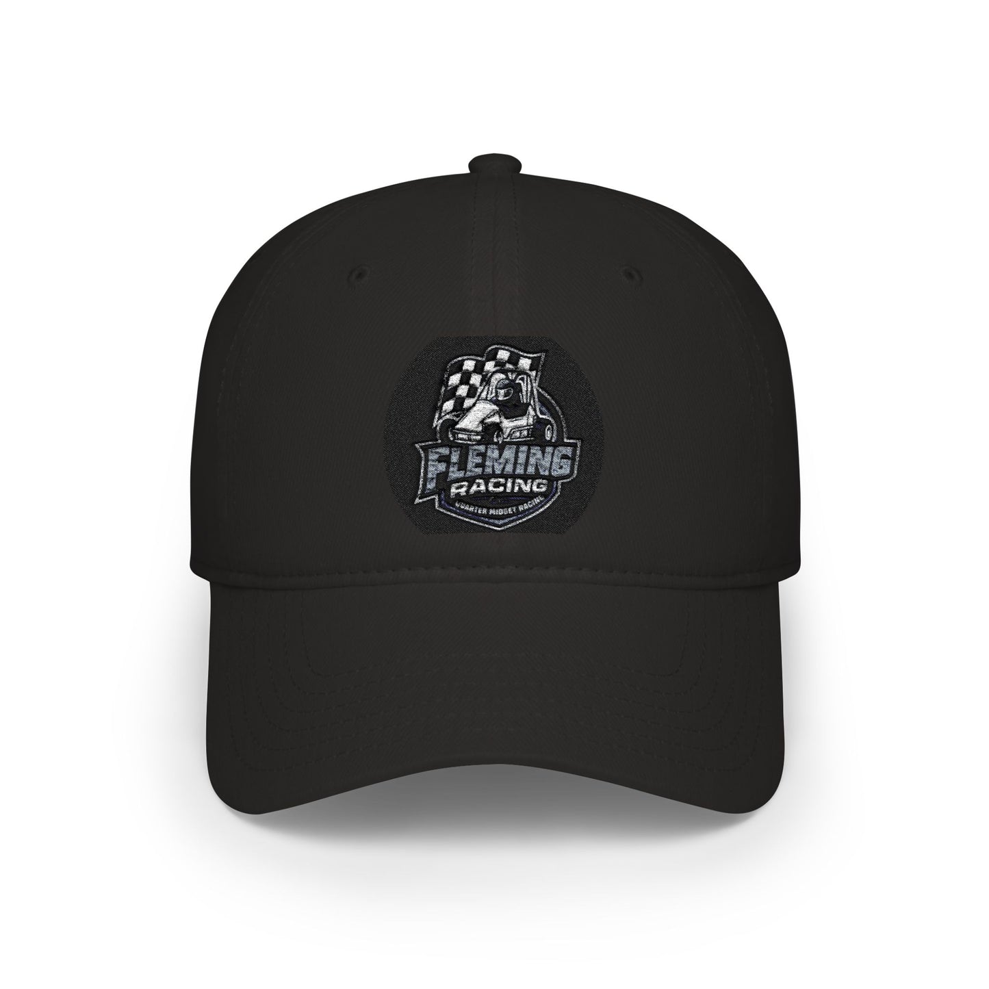 Black baseball cap with embroidered racing logo patch