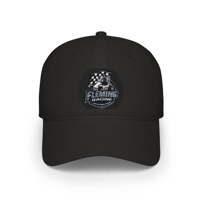Black baseball cap with embroidered racing logo patch