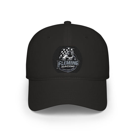 Black baseball cap with embroidered racing logo patch